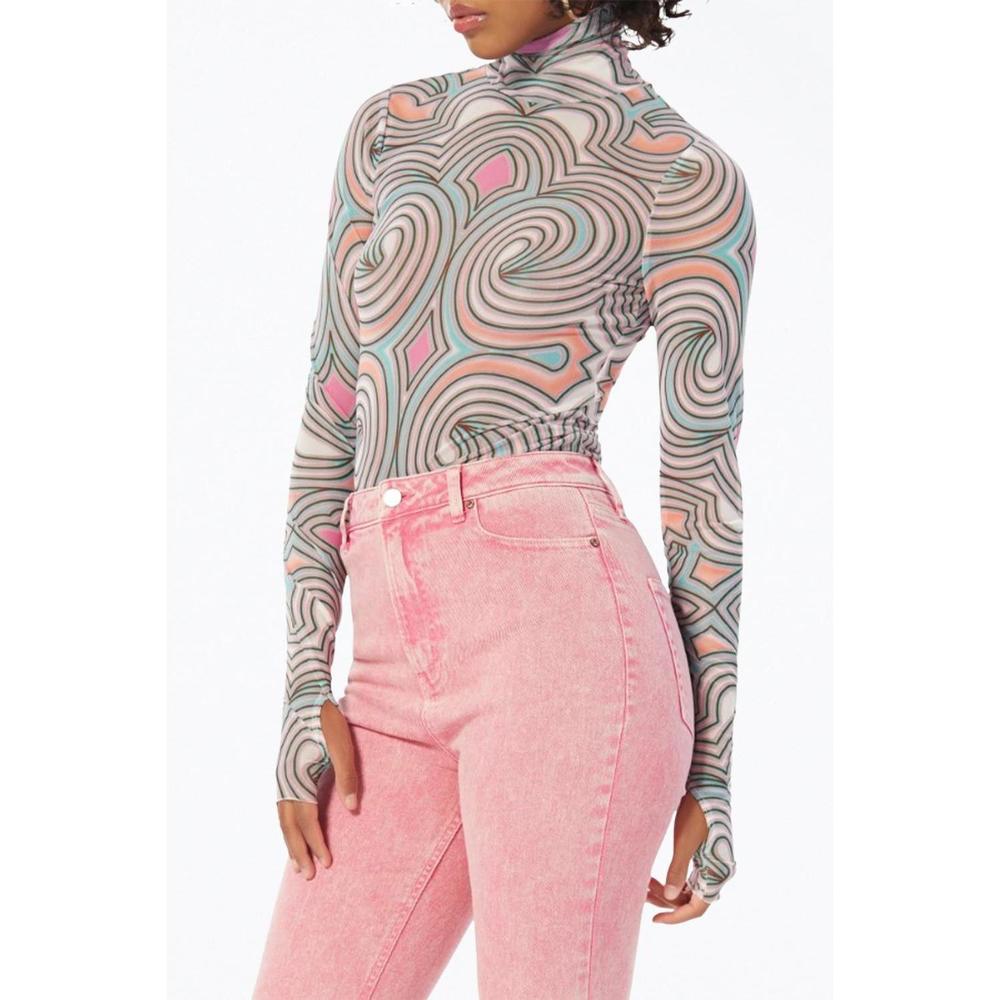 NEW AFRM zadie power mesh turtleneck top in pastel geo